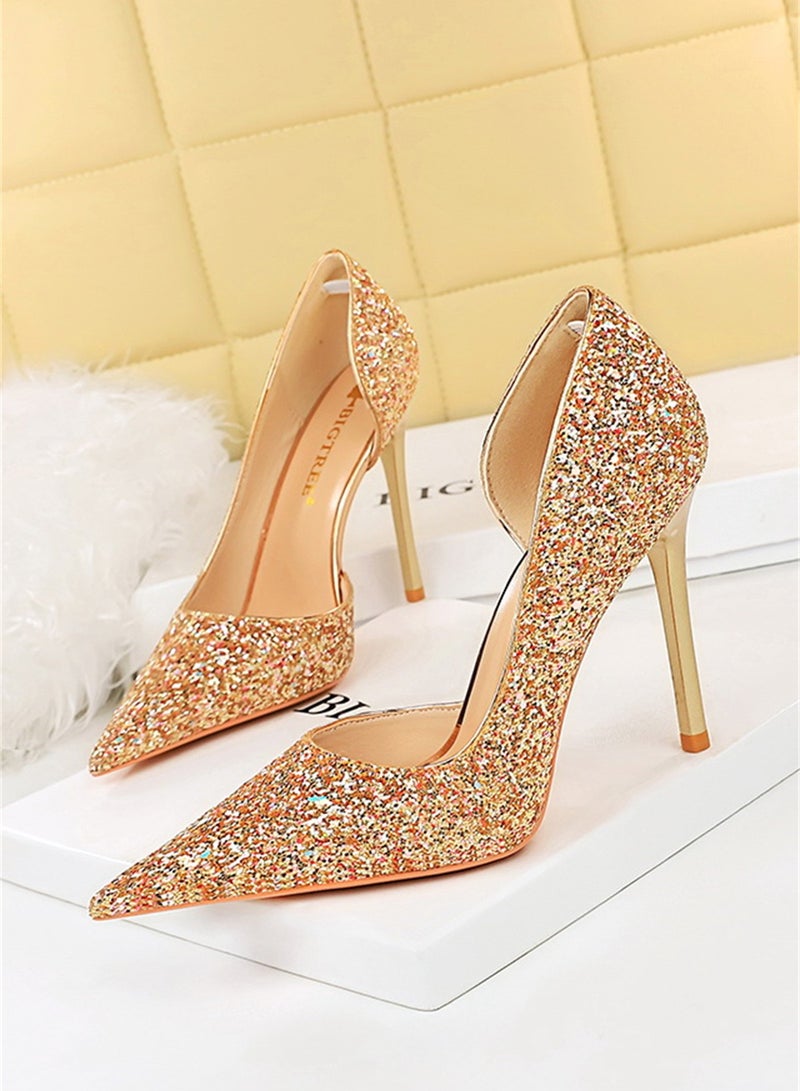 BIGTREE 10.5cm European And American Party High-Heeled Stilettos With High-Heeled Shallow-Cut Pointy Side Shimmering Sequins Gold - Image 1