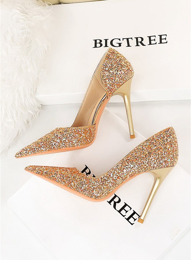 BIGTREE 10.5cm European And American Party High-Heeled Stilettos With High-Heeled Shallow-Cut Pointy Side Shimmering Sequins Gold - Image 2