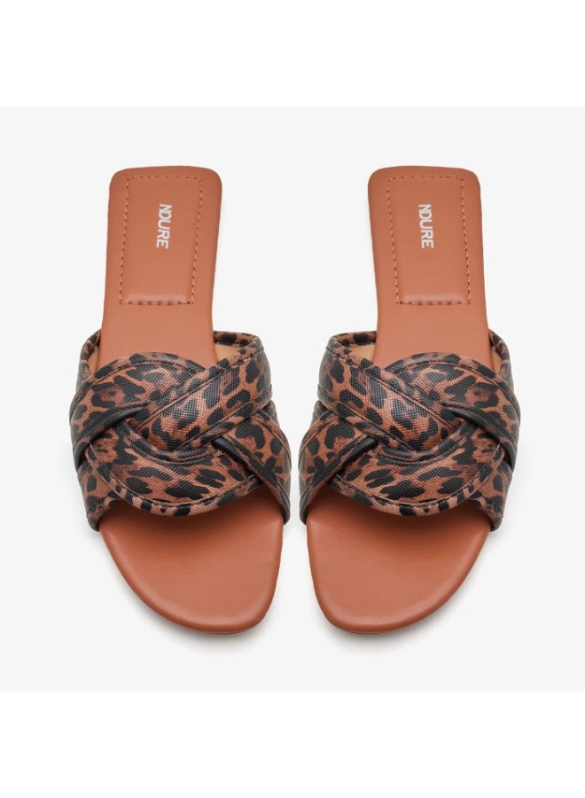 NDURE Women's Leopard Print Flat Slide Sandals, Twisted Strap, Square Toe, Brown - Image 3