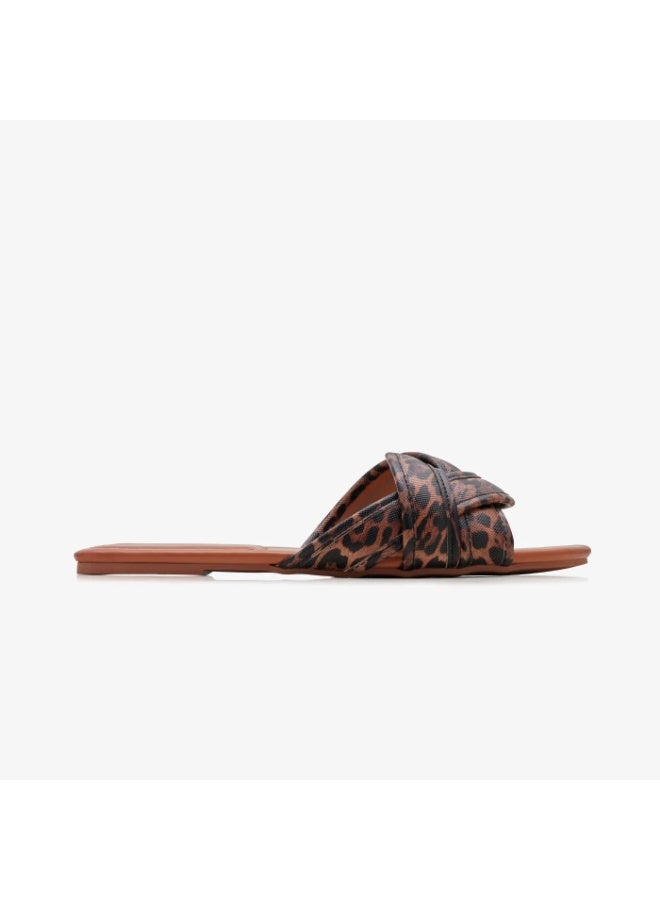 NDURE Women's Leopard Print Flat Slide Sandals, Twisted Strap, Square Toe, Brown - Image 4