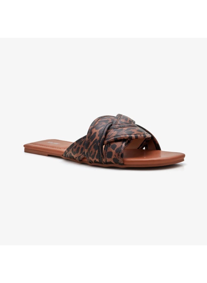 NDURE Women's Leopard Print Flat Slide Sandals, Twisted Strap, Square Toe, Brown - Image 2