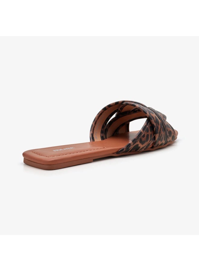 NDURE Women's Leopard Print Flat Slide Sandals, Twisted Strap, Square Toe, Brown - Image 5