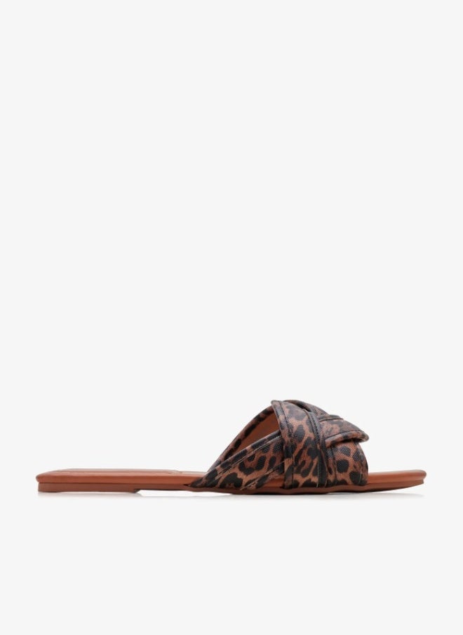 NDURE Women's Leopard Print Flat Slide Sandals, Twisted Strap, Square Toe, Brown - Image 1