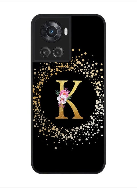 Rugged Black Edge Case for OnePlus 10R 5G / OnePlus Ace 5G, Slim fit Thin Cover Custom Monogram Initial Letter Floral Pattern Alphabet - K(Black)