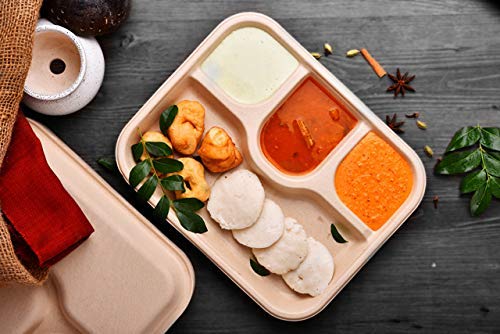 SANWALSA [4-Compartment, 25 Count, Beige Disposable Bagasse Plates | Eco-Friendly Sugarcane Meal Tray for Wedding, Party, Picnic, Event | Mess-Free Sections - Image 5