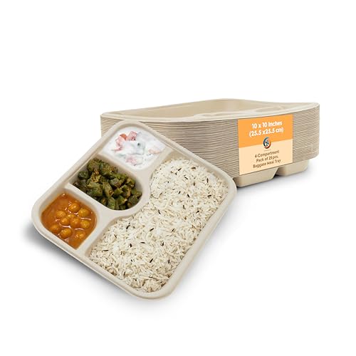 SANWALSA [4-Compartment, 25 Count, Beige Disposable Bagasse Plates | Eco-Friendly Sugarcane Meal Tray for Wedding, Party, Picnic, Event | Mess-Free Sections - Image 1