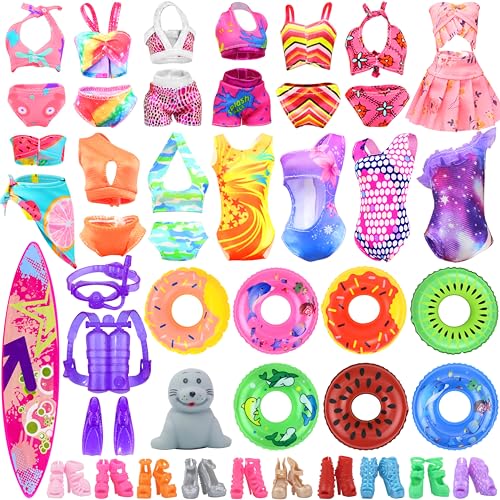 Ecore Fun 15 Items Doll Bathing Suits Pool Accessories Set for 115 inch Girl Dolls 5 pcs Swimsuits 5 Shoes 2 Pool Floaties 1 Set of 3 Diving Suit 1 Toy Seal 1 Surfboard - Image 1