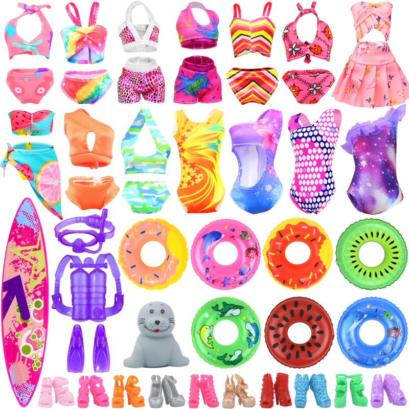 Ecore Fun 15 Items Doll Bathing Suits Pool Accessories Set for 115 inch Girl Dolls 5 pcs Swimsuits 5 Shoes 2 Pool Floaties 1 Set of 3 Diving Suit 1 Toy Seal 1 Surfboard - Image 2