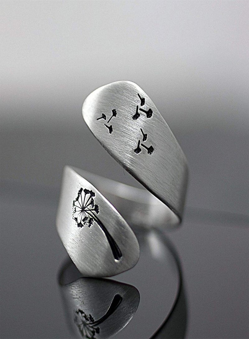 GGOOT Simple Women Dandelion Spiral Opening Finger Ring Adjustable Party Jewelry Gift - Silver - Flower  Vegetable  Fruit  Garden Plant - Image 3