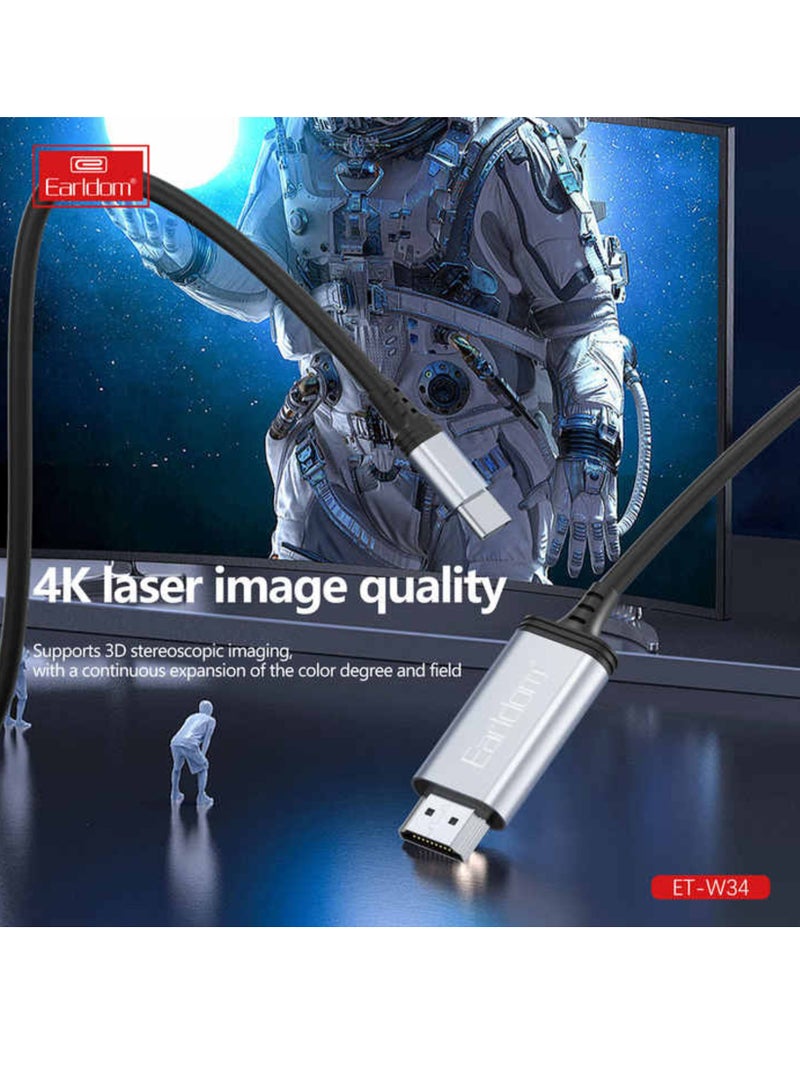 Earldom ET-W34 Type-C to HDMI 4K Adapter Cable, 2M – Ultra HD Streaming Solution (Black) - Image 3