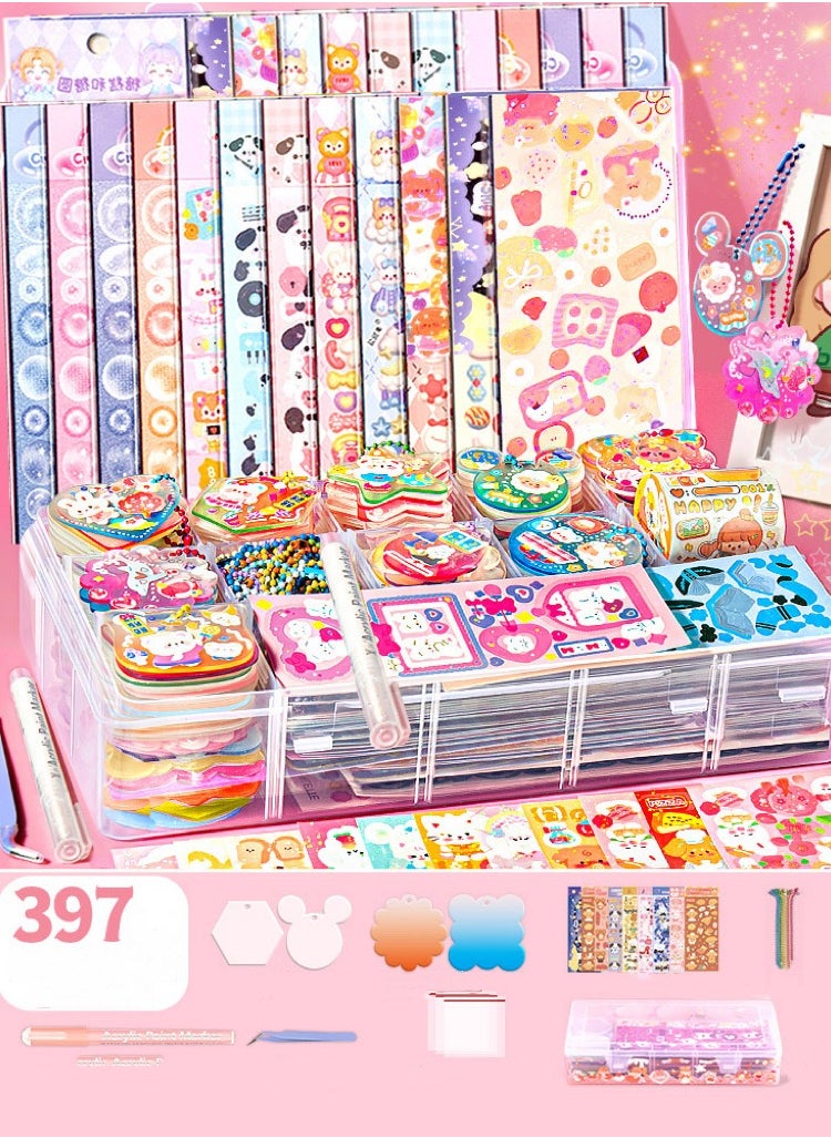 xppier 397 pcs DIY Whipped Cream Clay Glue Set, Simulated DIY Making Art Craft Kit with Cartoon Stickers, Accessories, Key Chains with Storage Box for Gifting 
