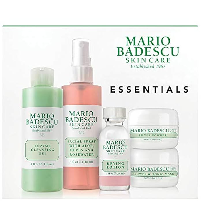 Mario Badescu Essentials 5 Piece Kit, Skincare Gift Set With Drying Lotion, Rose Water Facial Spray, Silver Powder, Enzyme Cleansing Gel and Flower & Tonic Mask - Image 1