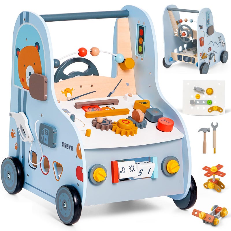 Giant bean Wooden Baby Push Walker with Activity Center Car Traffic Theme Tool Bench Shape Sorter Steering Wheel Gears Montessori Toy for Toddler 13 Walking Toy Speed Adjustable - Image 3