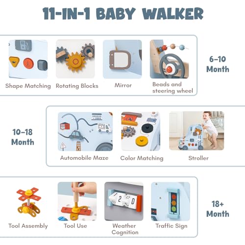 Giant bean Wooden Baby Push Walker with Activity Center Car Traffic Theme Tool Bench Shape Sorter Steering Wheel Gears Montessori Toy for Toddler 13 Walking Toy Speed Adjustable - Image 5