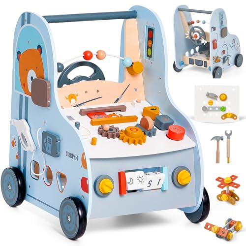 Giant bean Wooden Baby Push Walker with Activity Center Car Traffic Theme Tool Bench Shape Sorter Steering Wheel Gears Montessori Toy for Toddler 13 Walking Toy Speed Adjustable - Image 1