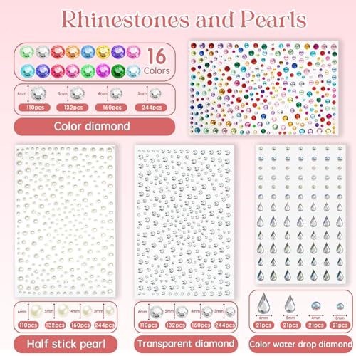 TecoKart® Rhinestone Stickers Set – Shiny Gem & Pearl Stickers for Hair Decoration, Face Glitter & Nail, Sparkly Stone Stickers for Craft, DIY Makeup & Party Look - Image 2