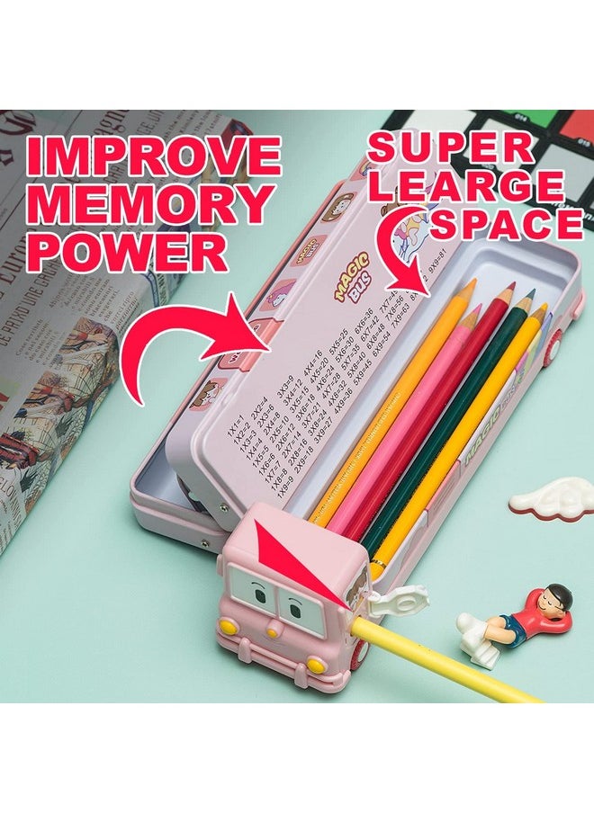 Famous Quality FAMOUS QUALITY® 2 in 1 - Cartoon Printed School Bus Metal Pencil Box with Moving Tyres and Sharpener for Kids | Geometry Box (Color-Pink)  - Image 4