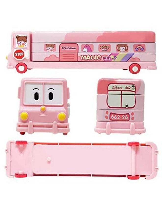 Famous Quality FAMOUS QUALITY® 2 in 1 - Cartoon Printed School Bus Metal Pencil Box with Moving Tyres and Sharpener for Kids | Geometry Box (Color-Pink)  - Image 2