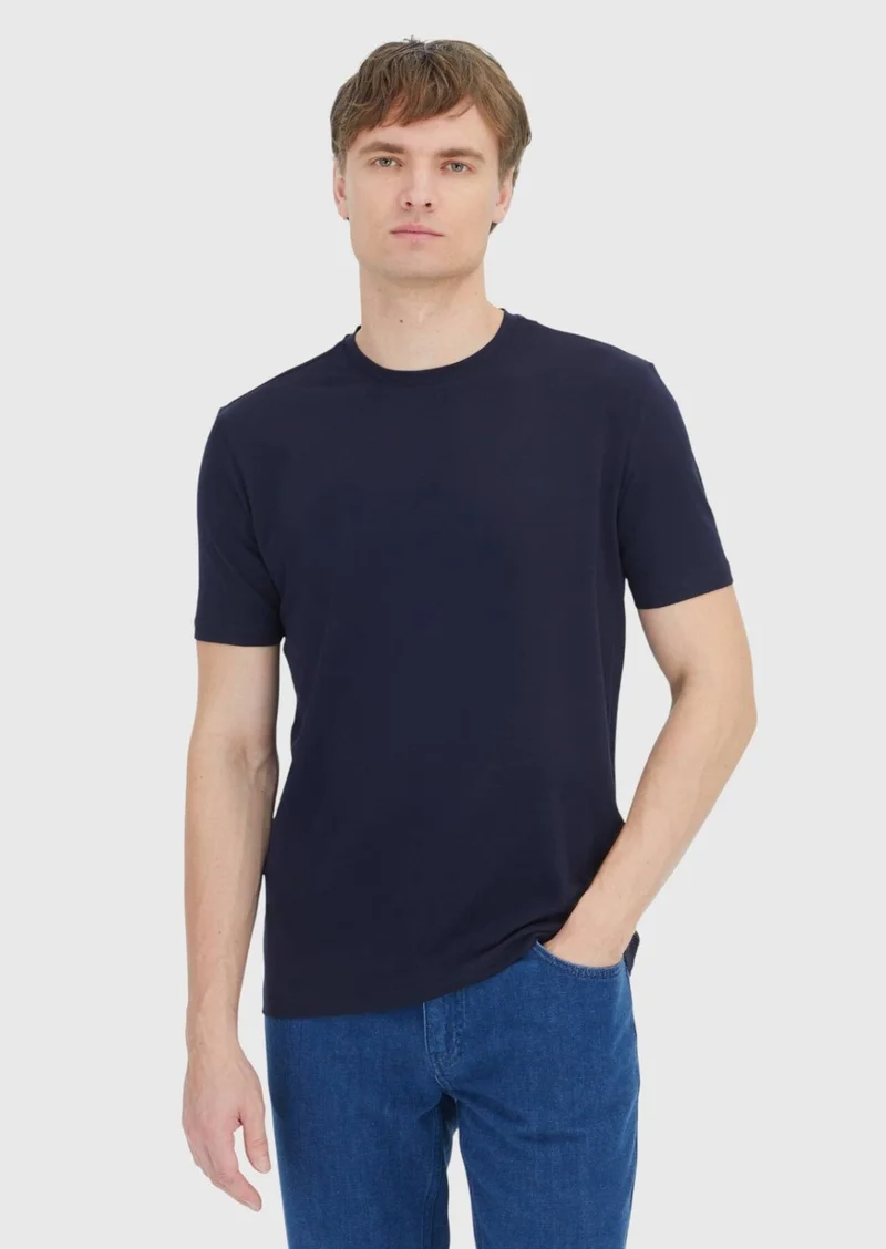 Ramsey Navy Blue Plain Crew Neck Cotton Blended T-Shirt
