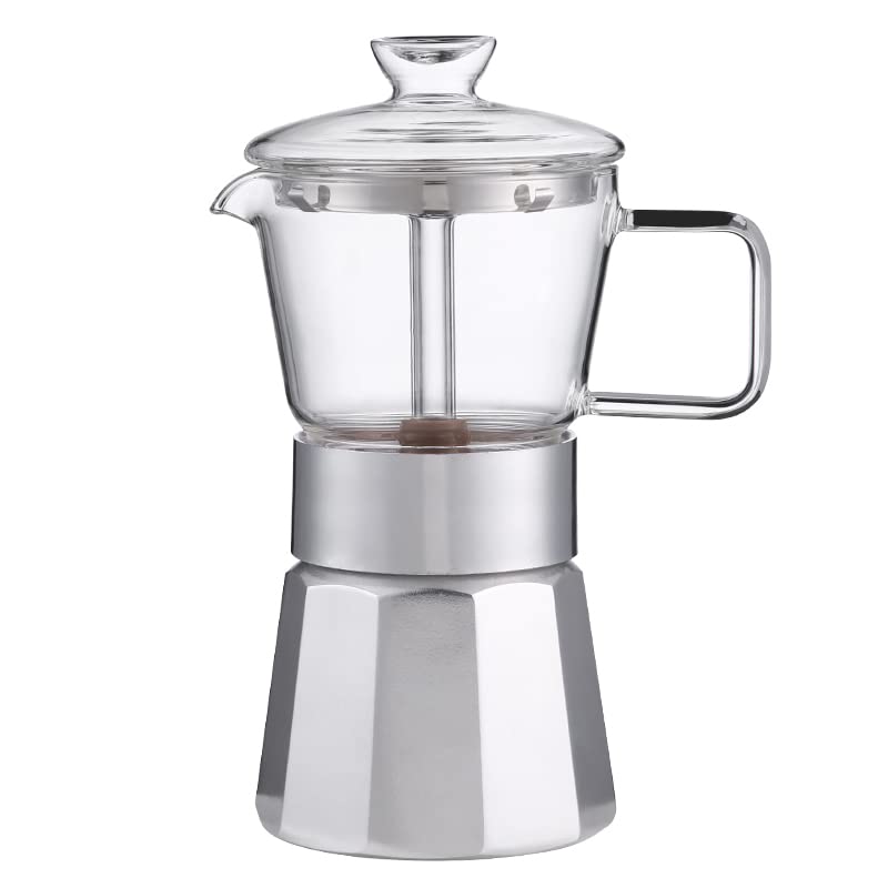 SIXAQUAE Moka Stovetop Espresso Maker,Crystal Glass-top & Aluminum Espresso Moka Pot,Classic Italian coffee maker,240ml(6cup) - Image 1