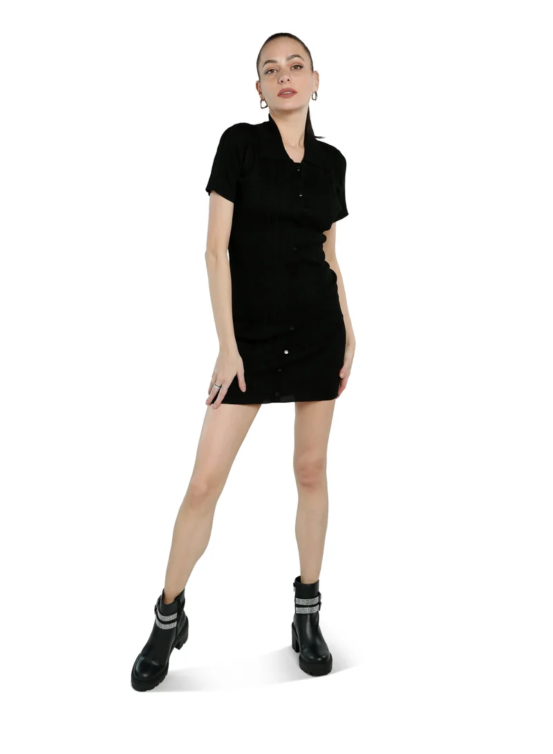 London Rag Black Collared Bodycon Sweater Dress