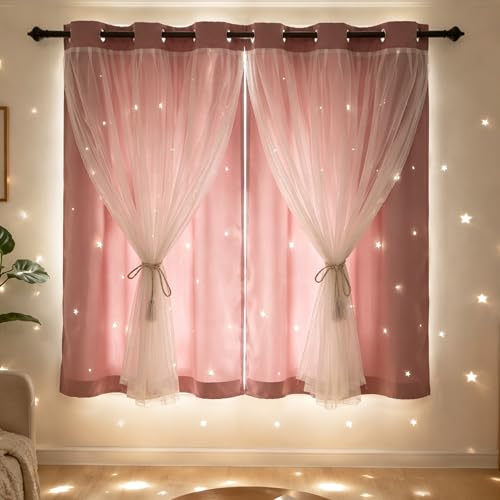 Kinryb Decorative Star Hollowed Out Kids Blackout Curtains with White Sheer Thermal Insulated Overlay Curtains for Bedroom Double-Layer Grommet Window Drapes 2 Piece with Tiebacks Pink 42W x 63L - Image 2