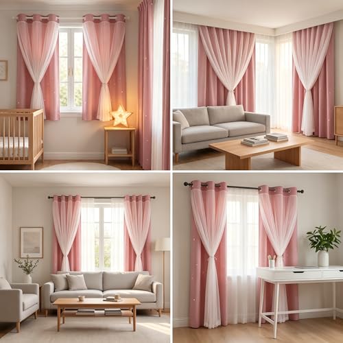 Kinryb Decorative Star Hollowed Out Kids Blackout Curtains with White Sheer Thermal Insulated Overlay Curtains for Bedroom Double-Layer Grommet Window Drapes 2 Piece with Tiebacks Pink 42W x 63L - Image 3
