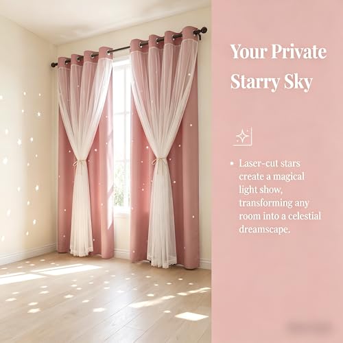 Kinryb Decorative Star Hollowed Out Kids Blackout Curtains with White Sheer Thermal Insulated Overlay Curtains for Bedroom Double-Layer Grommet Window Drapes 2 Piece with Tiebacks Pink 42W x 63L - Image 4