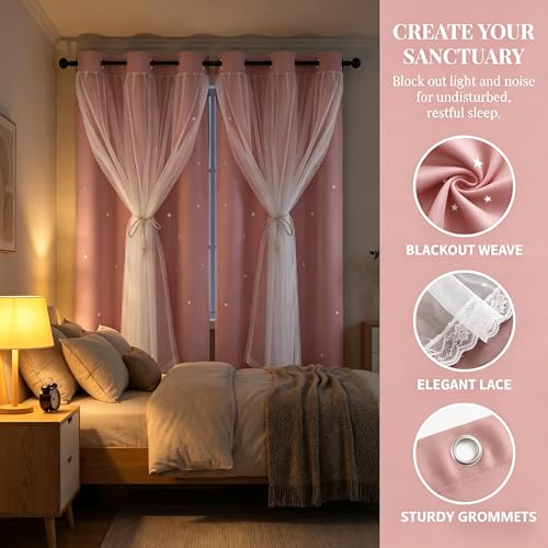 Kinryb Decorative Star Hollowed Out Kids Blackout Curtains with White Sheer Thermal Insulated Overlay Curtains for Bedroom Double-Layer Grommet Window Drapes 2 Piece with Tiebacks Pink 42W x 63L - Image 5