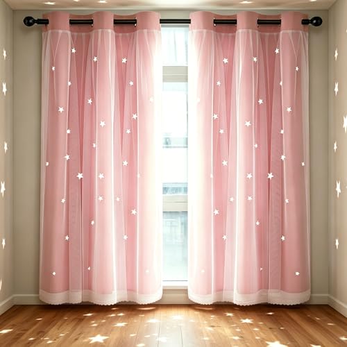 Kinryb Decorative Star Hollowed Out Kids Blackout Curtains with White Sheer Thermal Insulated Overlay Curtains for Bedroom Double-Layer Grommet Window Drapes 2 Piece with Tiebacks Pink 42W x 63L - Image 1