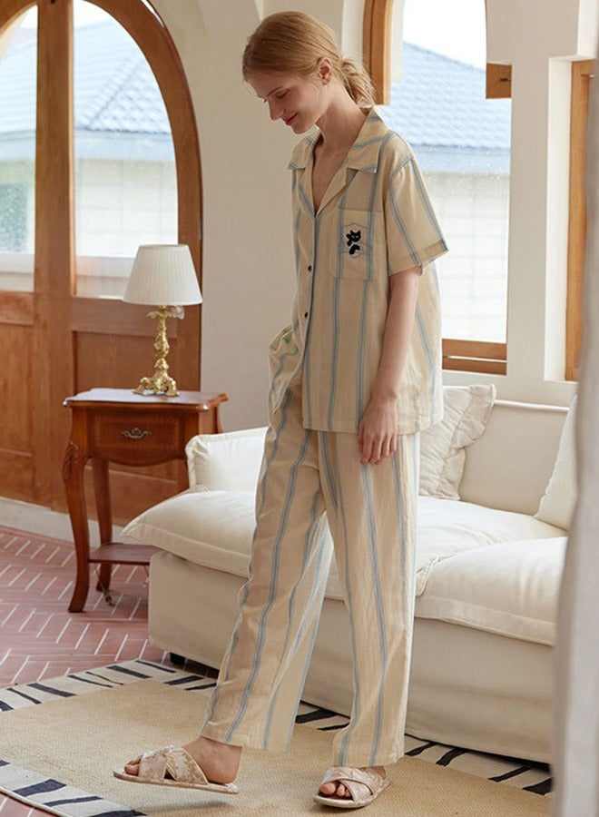Women'S Double Layer Cotton Gauze Leisure Set - Breathable Embroidered Pocket And Lapel Casual Pajamas With Stripe Print For Home And Outdoors-M  - Image 1