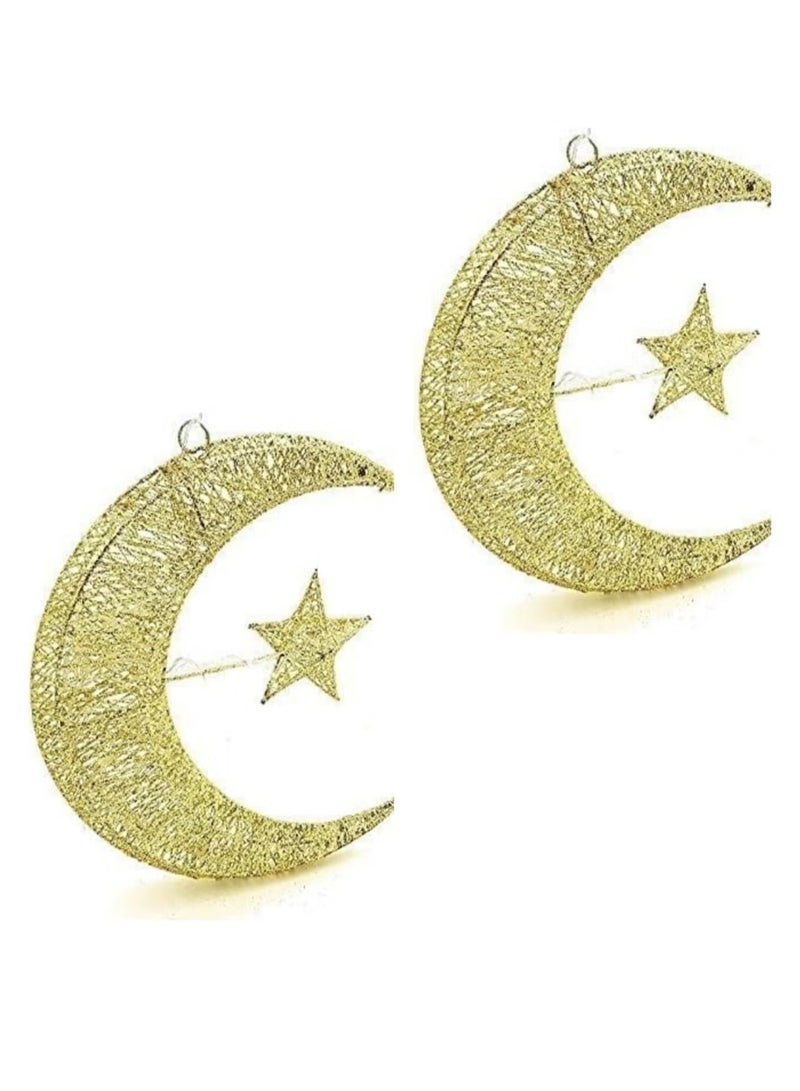 ACLIX Pack of 2pc 30cm Ramadan Crescent Lighting Lantern 3D Hilal Crescent Golden 30 LED Moon Star Light, Ramadan Kareem Eid Home Decoration Moon Star Warm White Battery Powered - Image 1