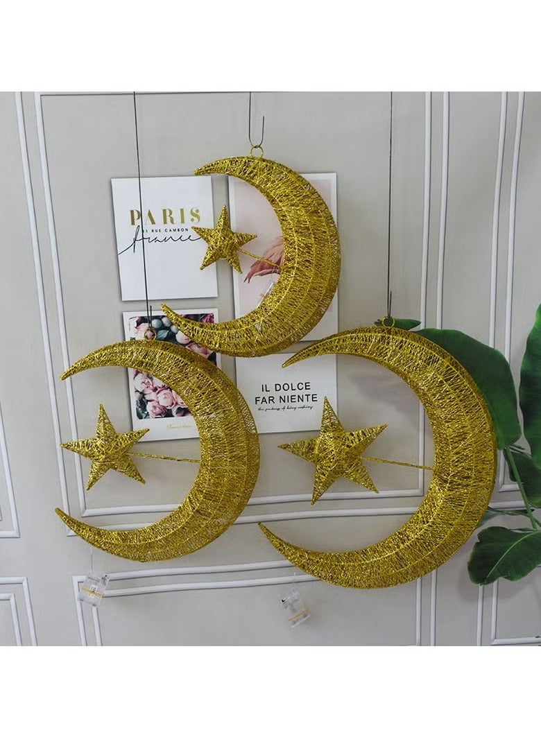 ACLIX Pack of 2pc 30cm Ramadan Crescent Lighting Lantern 3D Hilal Crescent Golden 30 LED Moon Star Light, Ramadan Kareem Eid Home Decoration Moon Star Warm White Battery Powered - Image 3
