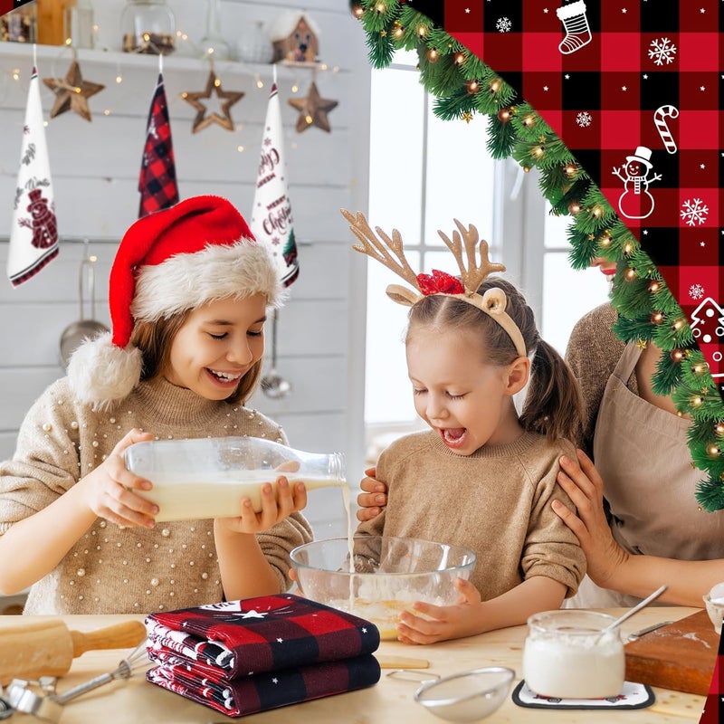 Pickmesh 12 Pcs Christmas Kitchen Towels and Oven Mitt Sets 4 Buffalo Oven Mitts 4 Snowman Dish Towels and 4 Plaid Pot Holders Xmas Tree Cooking Accessories for Winter Holiday Decoration Home Baking - Image 2