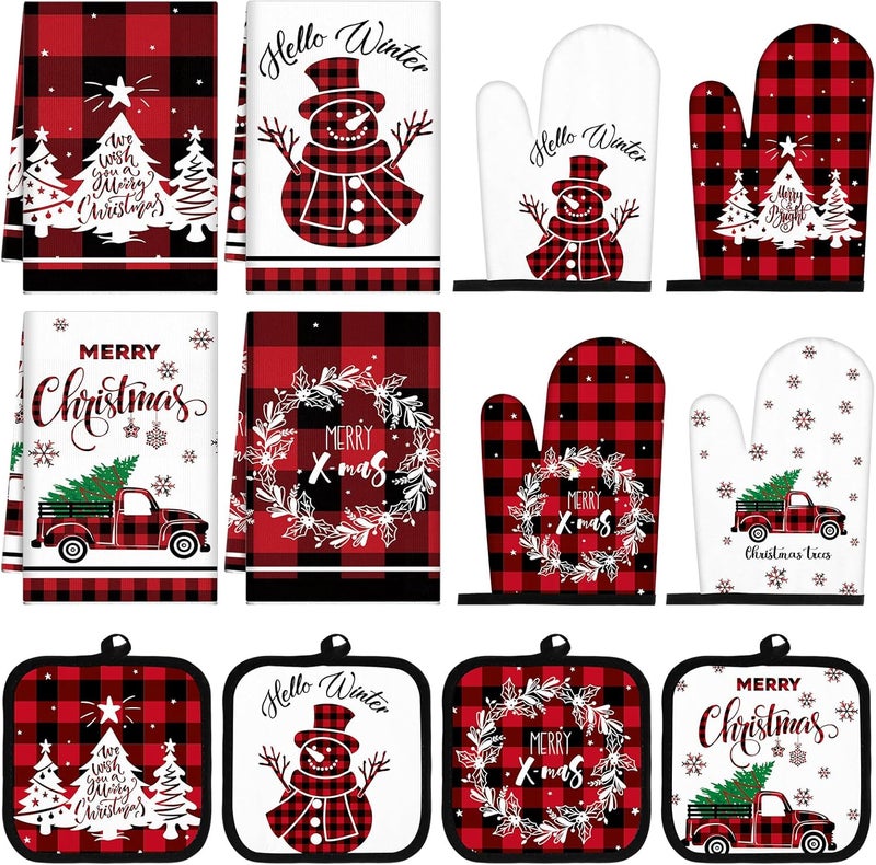 Pickmesh 12 Pcs Christmas Kitchen Towels and Oven Mitt Sets 4 Buffalo Oven Mitts 4 Snowman Dish Towels and 4 Plaid Pot Holders Xmas Tree Cooking Accessories for Winter Holiday Decoration Home Baking - Image 1