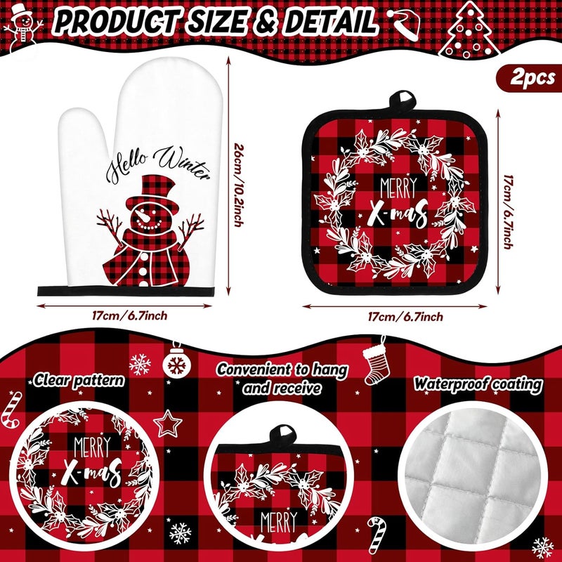 Pickmesh 12 Pcs Christmas Kitchen Towels and Oven Mitt Sets 4 Buffalo Oven Mitts 4 Snowman Dish Towels and 4 Plaid Pot Holders Xmas Tree Cooking Accessories for Winter Holiday Decoration Home Baking - Image 4
