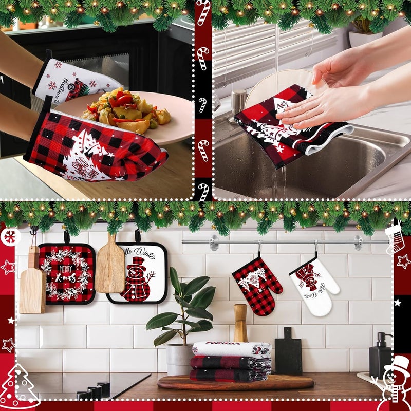 Pickmesh 12 Pcs Christmas Kitchen Towels and Oven Mitt Sets 4 Buffalo Oven Mitts 4 Snowman Dish Towels and 4 Plaid Pot Holders Xmas Tree Cooking Accessories for Winter Holiday Decoration Home Baking - Image 5