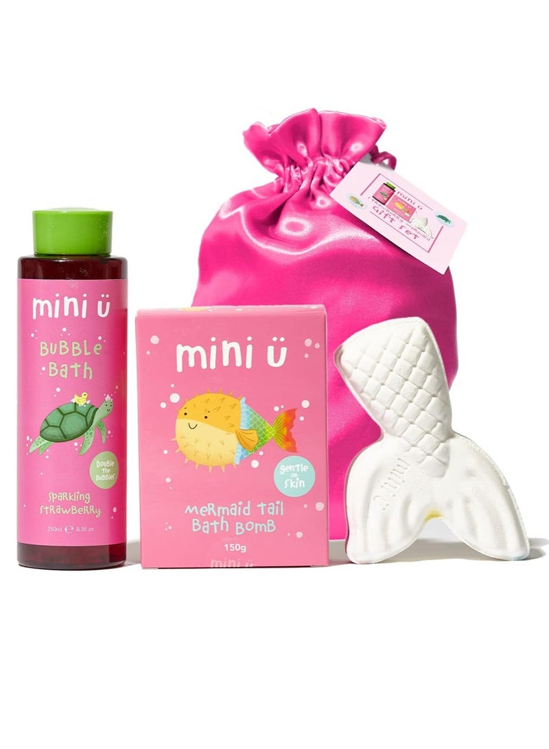 Mini U Strawberry Mermaid Gift Set - Bubble Bath & Bath Bomb - Suitable for Kids & Baby from Newborn - Vegan & Cruelty Free - Image 1