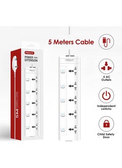 PEGANT 5 Way 5M Power Extension Cord 5 Universal Outlets Electrical Strip UK Plug 5 Meters Cable 250V 2500W Surge Protector  - Image 2
