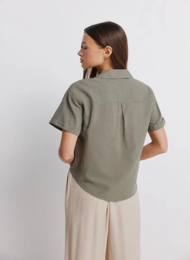 Springfield  Linen shirt. Short folded sleeve. V-neck shirt collar. Front buttons. Patch pockets. for Women | Best Price UAE