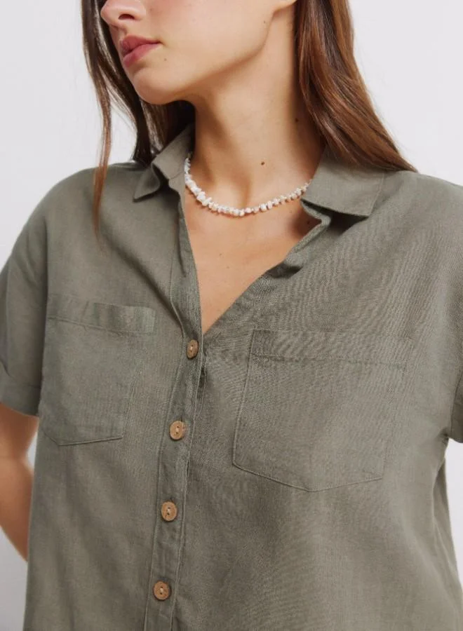 Springfield  Linen shirt. Short folded sleeve. V-neck shirt collar. Front buttons. Patch pockets. for Women | Best Price UAE