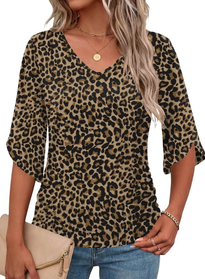Micoson Womens 3/4 Sleeve Tops V Neck Spring Summer Shirts Beach Vacation Clothes Business Casual Outfits, Yellow Leopard, S - Image 1