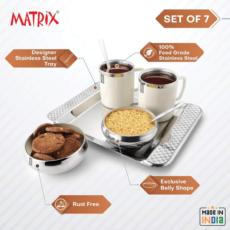Matrix Stainless Steel Double Wall Coffe Mug 2 with Snack Bowl 2 Spoon 2 Tray with Outside Ceramic Ivory Colour CoatedSet of 7 Pcs - Image 3