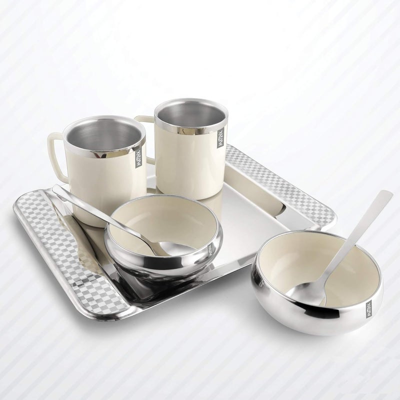 Matrix Stainless Steel Double Wall Coffe Mug 2 with Snack Bowl 2 Spoon 2 Tray with Outside Ceramic Ivory Colour CoatedSet of 7 Pcs - Image 1