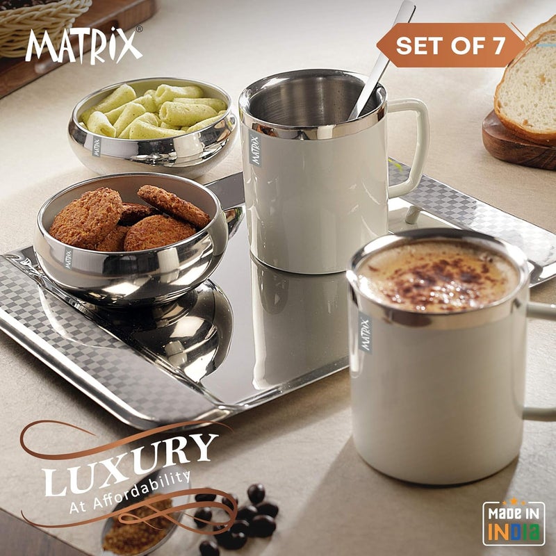 Matrix Stainless Steel Double Wall Coffe Mug 2 with Snack Bowl 2 Spoon 2 Tray with Outside Ceramic Ivory Colour CoatedSet of 7 Pcs - Image 2