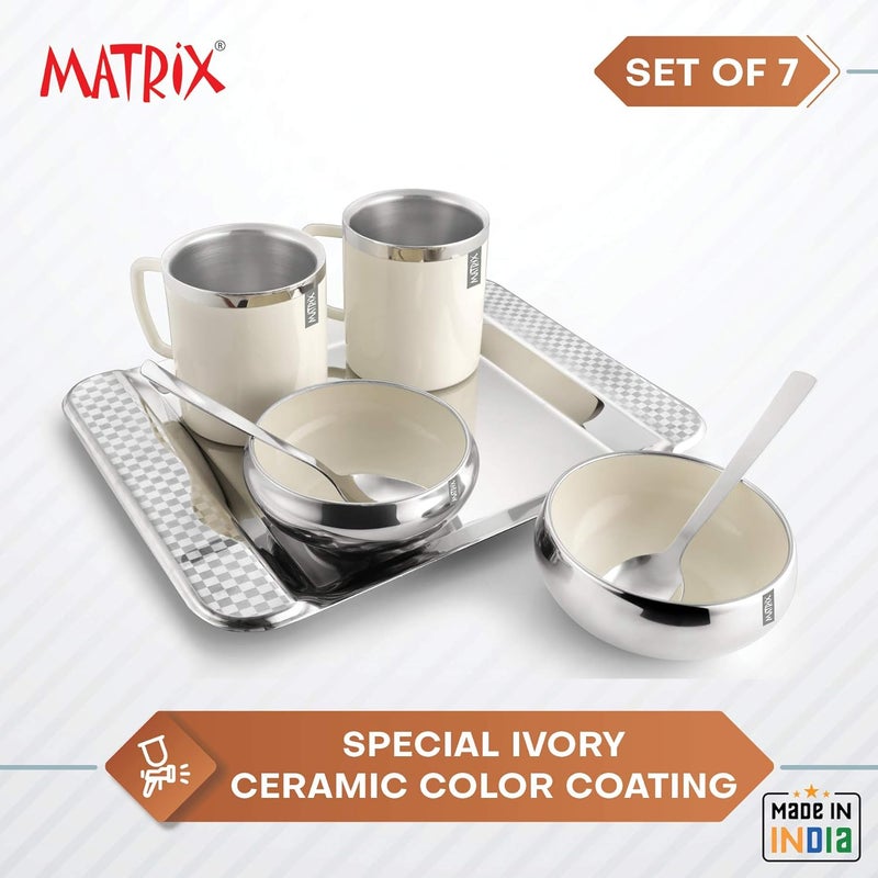 Matrix Stainless Steel Double Wall Coffe Mug 2 with Snack Bowl 2 Spoon 2 Tray with Outside Ceramic Ivory Colour CoatedSet of 7 Pcs - Image 4
