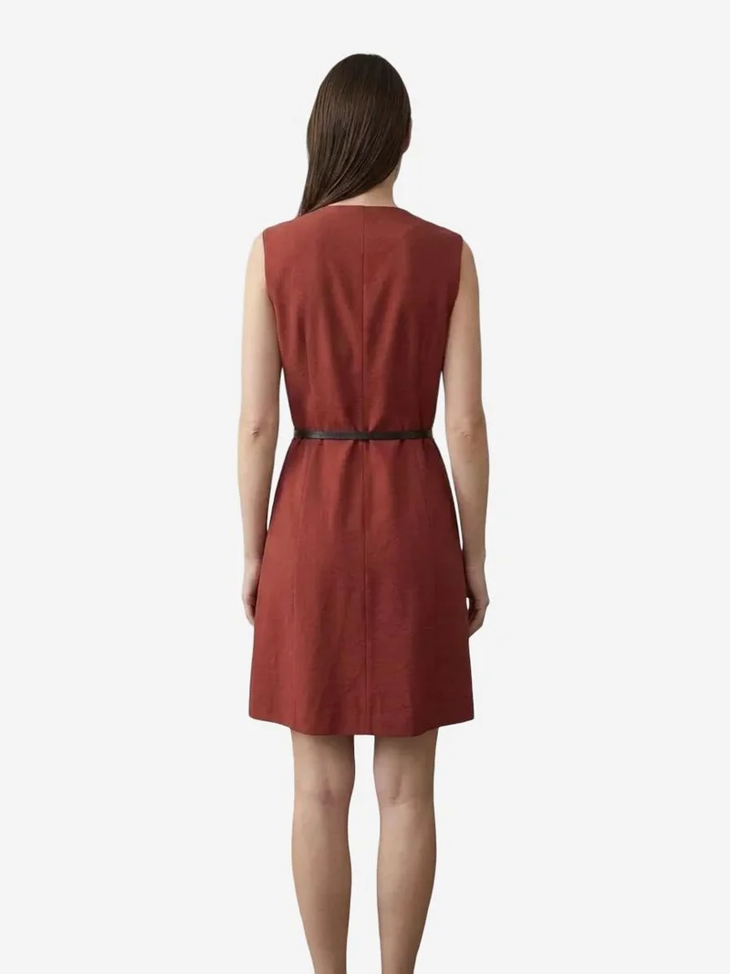 My Fashion Burgundy Red MY FASHION Belted V-Neck Sleeveless Mini Shift Dress for Women | Best Price UAE