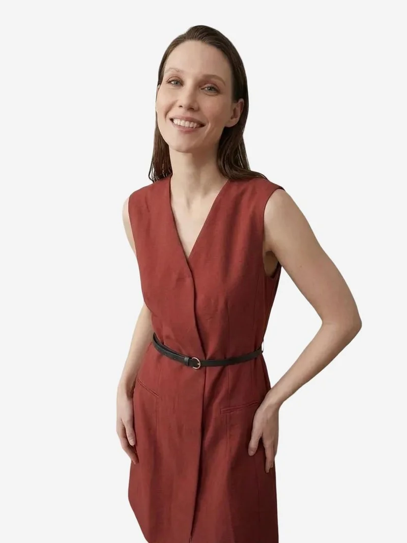 My Fashion Burgundy Red MY FASHION Belted V-Neck Sleeveless Mini Shift Dress for Women | Best Price UAE