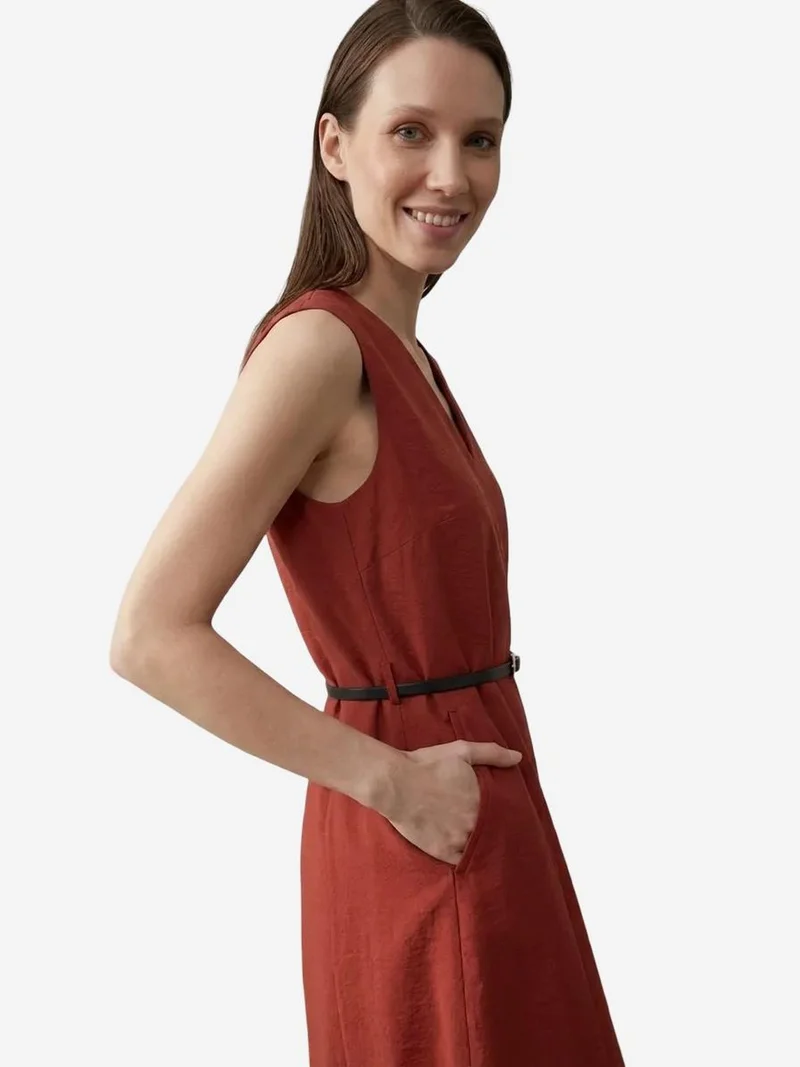 My Fashion Burgundy Red MY FASHION Belted V-Neck Sleeveless Mini Shift Dress for Women | Best Price UAE