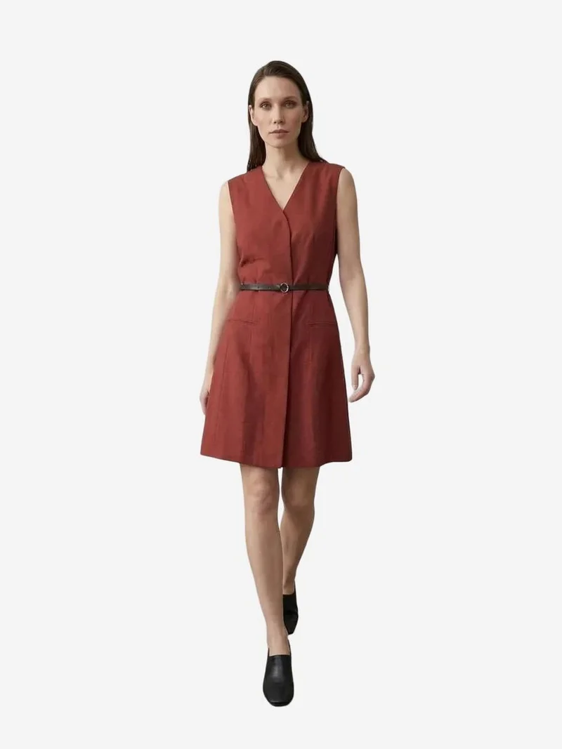 ماي فاشن MY FASHION Belted V-Neck Sleeveless Mini Shift Dress